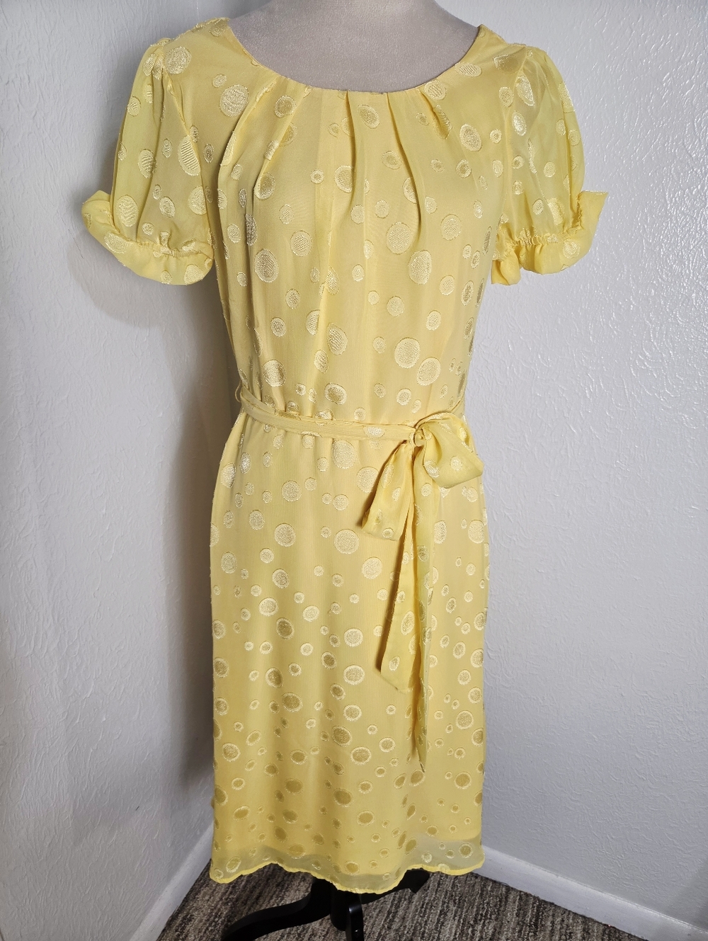 NY Collection Yellow Swiss Dot Tie-Waist Dress, Short Puff Sleeves, Size PM, NWT - Picture 2 of 14